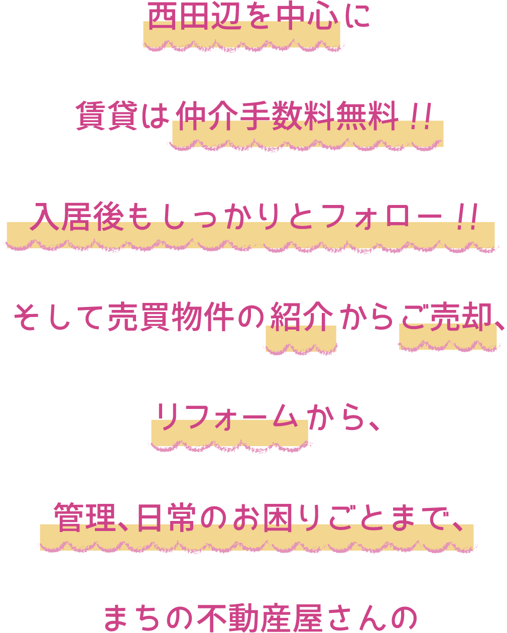 西田辺を中心に賃貸は仲介料無料!!入居後もしっかりとフォロー!!そして売買物件の紹介からご売却、リフォームから、管理、日常のお困りごとまで、まちの不動産屋さんの